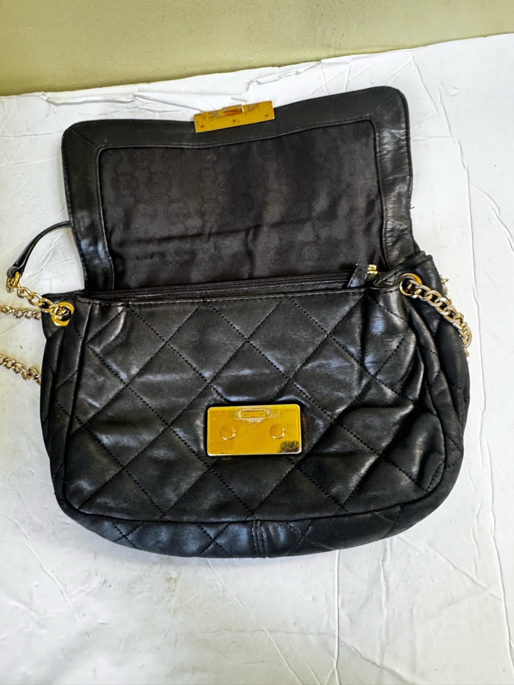 Michael Kors Leather Sloan Quilted Flap Shoulder Bag Chain Crossbody Black Gold - Picture 5 of 16